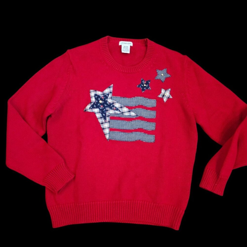 Y2K Patriotic‎ USA Flag Sweater Sz M  Cotton Rustic Primitive Country Red Stars